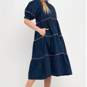 Sz L NWOT English Factory Short Puff Sleeve dress w colorful piping